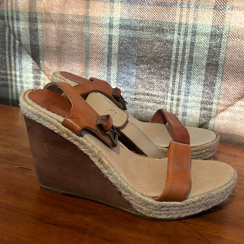 J Crew, wedges, brown leather, wood